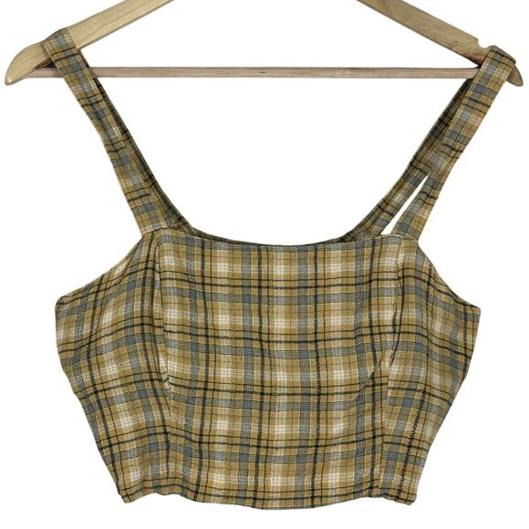 American Eagle Outfitters Tops - American Eagle Crop Top Womens M Yellow Linen Plaid Smocked Cottagecore 90s